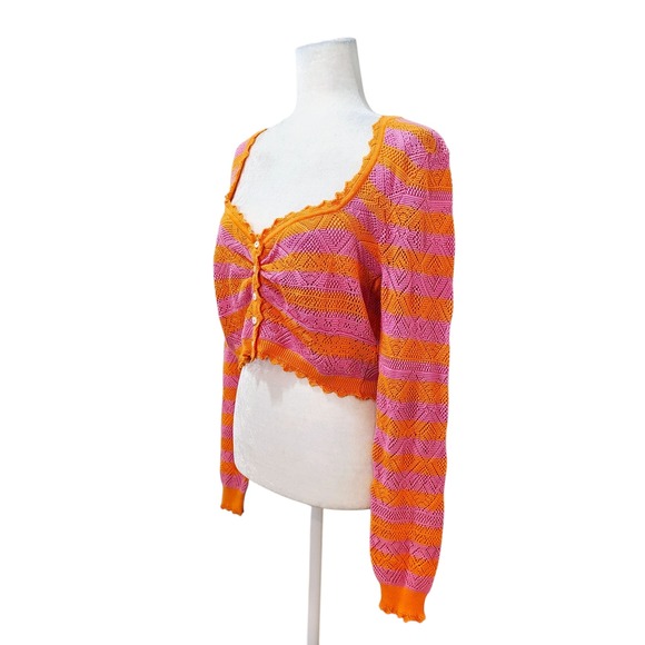 Free People Benny Knit Cropped Top Orange Pink Stripe Coastal Chic Feminine L - Picture 4 of 11